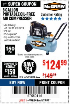 Harbor Freight Coupon MCGRAW 8 GALLON OIL-FREE AIR COMPRESSOR Lot No. 56269/64294 Expired: 9/29/19 - $124.99