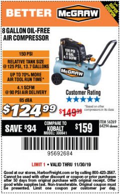 Harbor Freight Coupon MCGRAW 8 GALLON OIL-FREE AIR COMPRESSOR Lot No. 56269/64294 Expired: 11/30/19 - $124.99