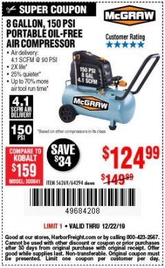 Harbor Freight Coupon MCGRAW 8 GALLON OIL-FREE AIR COMPRESSOR Lot No. 56269/64294 Expired: 12/22/19 - $124.99