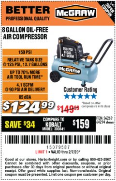 Harbor Freight Coupon MCGRAW 8 GALLON OIL-FREE AIR COMPRESSOR Lot No. 56269/64294 Expired: 2/7/20 - $124.99