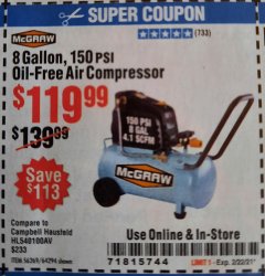 Harbor Freight Coupon MCGRAW 8 GALLON OIL-FREE AIR COMPRESSOR Lot No. 56269/64294 Expired: 2/22/21 - $119.99