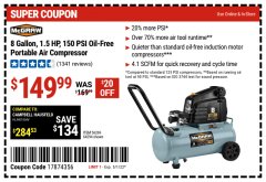 Harbor Freight Coupon MCGRAW 8 GALLON OIL-FREE AIR COMPRESSOR Lot No. 56269/64294 Expired: 5/1/22 - $149.99