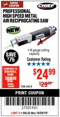 Harbor Freight Coupon PROFESSIONAL HIGH SPEED METAL AIR RECIPROCATING SAW Lot No. 64678 Expired: 10/20/19 - $24.99