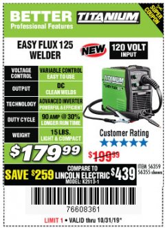 Harbor Freight Coupon TITANIUM EASY-FLUX 125 WELDER Lot No. 56359/56355 Expired: 10/31/19 - $179.99