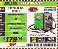 Harbor Freight Coupon TITANIUM EASY-FLUX 125 WELDER Lot No. 56359/56355 Expired: 11/30/19 - $179.99