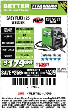 Harbor Freight Coupon TITANIUM EASY-FLUX 125 WELDER Lot No. 56359/56355 Expired: 11/30/19 - $179.99