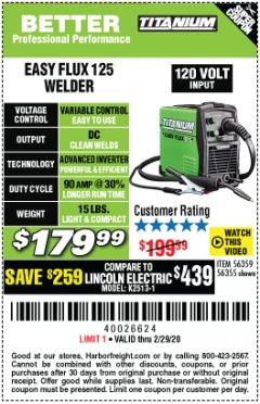 Harbor Freight Coupon TITANIUM EASY-FLUX 125 WELDER Lot No. 56359/56355 Expired: 2/29/20 - $179.99