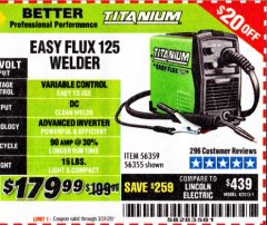 Harbor Freight Coupon TITANIUM EASY-FLUX 125 WELDER Lot No. 56359/56355 Expired: 3/31/20 - $179.99