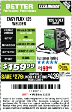 Harbor Freight Coupon TITANIUM EASY-FLUX 125 WELDER Lot No. 56359/56355 Expired: 3/22/20 - $159.99