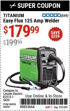 Harbor Freight Coupon TITANIUM EASY-FLUX 125 WELDER Lot No. 56359/56355 Expired: 7/31/20 - $179.99