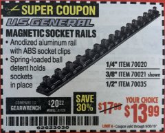 Harbor Freight Coupon U.S. GENERAL MAGNETIC SOCKET RAILS Lot No. 70020/70021/70035 Expired: 9/30/19 - $13.99