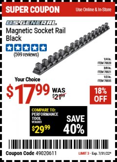 Harbor Freight Coupon U.S. GENERAL MAGNETIC SOCKET RAILS Lot No. 70020/70021/70035 Expired: 7/31/22 - $17.99