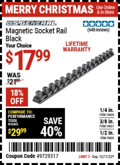 Harbor Freight Coupon U.S. GENERAL MAGNETIC SOCKET RAILS Lot No. 70020/70021/70035 Expired: 12/11/22 - $17.99