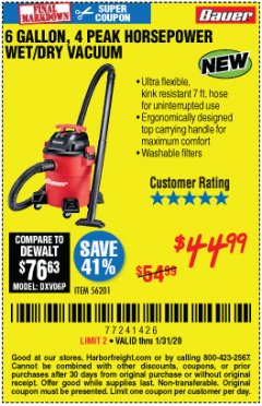 Harbor Freight Coupon BAUER 6 GALLON WET DRY VACUUM Lot No. 56201 Expired: 1/31/20 - $44.99