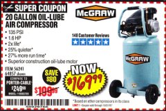 Harbor Freight Coupon 20 GALLON 1.6 HOW 135 PSI OIL LUBE VERTICAL AIR COMPRESSOR Lot No. 64857 Expired: 10/31/19 - $169.99