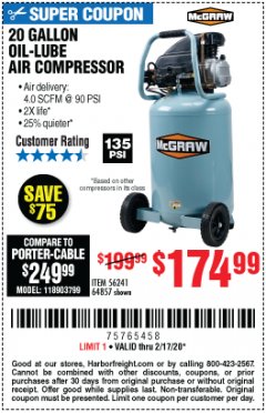 Harbor Freight Coupon 20 GALLON 1.6 HOW 135 PSI OIL LUBE VERTICAL AIR COMPRESSOR Lot No. 64857 Expired: 2/17/20 - $14.99