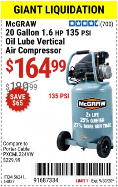 Harbor Freight Coupon 20 GALLON 1.6 HOW 135 PSI OIL LUBE VERTICAL AIR COMPRESSOR Lot No. 64857 Expired: 9/30/20 - $164.99
