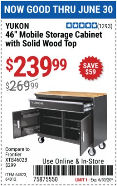 Harbor Freight Coupon 46 IN. MOBILE STORAGE CABINET WITH WOOD TOP Lot No. 64012 Expired: 6/30/20 - $239.99