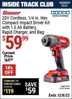 Harbor Freight ITC Coupon 20 VOLT LITHIUM CORDLESS 1/4" HEX COMPACT IMPACT DRIVER KIT Lot No. 64755/63528 Expired: 12/8/22 - $59.99