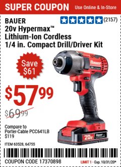 Harbor Freight Coupon 20 VOLT LITHIUM CORDLESS 1/4" HEX COMPACT IMPACT DRIVER KIT Lot No. 64755/63528 Expired: 10/31/20 - $57.99