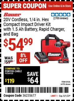 Harbor Freight Coupon 20 VOLT LITHIUM CORDLESS 1/4" HEX COMPACT IMPACT DRIVER KIT Lot No. 64755/63528 Expired: 6/1/23 - $54.99
