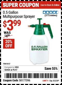 Harbor Freight Coupon 0.5 GALLON MULTIPURPOSE SPRAYER Lot No. 56167 Valid Thru: 8/2/26 - $3.99
