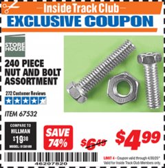 Harbor Freight ITC Coupon 240 PIECE NUT AND BOLT ASSORTMENT Lot No. 67532 Expired: 4/30/20 - $4.99