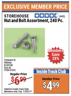 Harbor Freight ITC Coupon 240 PIECE NUT AND BOLT ASSORTMENT Lot No. 67532 Expired: 1/28/21 - $4.99