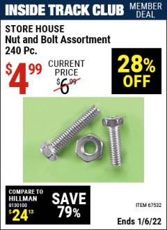 Harbor Freight ITC Coupon 240 PIECE NUT AND BOLT ASSORTMENT Lot No. 67532 Expired: 1/6/22 - $4.99