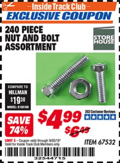 Harbor Freight ITC Coupon 240 PIECE NUT AND BOLT ASSORTMENT Lot No. 67532 Expired: 9/30/19 - $4.99