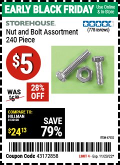 Harbor Freight Coupon 240 PIECE NUT AND BOLT ASSORTMENT Lot No. 67532 Expired: 11/23/22 - $5
