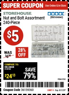 Harbor Freight Coupon 240 PIECE NUT AND BOLT ASSORTMENT Lot No. 67532 Expired: 6/1/23 - $5