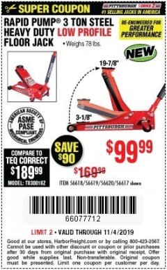 Harbor Freight Coupon RAPID PUMP 3 TON STEEL HEAVY DUTY LOW PROFILE FLOOR JACK Lot No. 56618/56619/56620/56617 Expired: 11/4/19 - $99.99