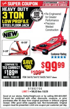 Harbor Freight Coupon RAPID PUMP 3 TON STEEL HEAVY DUTY LOW PROFILE FLOOR JACK Lot No. 56618/56619/56620/56617 Expired: 1/5/20 - $99.99