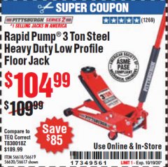 Harbor Freight Coupon RAPID PUMP 3 TON STEEL HEAVY DUTY LOW PROFILE FLOOR JACK Lot No. 56618/56619/56620/56617 Expired: 10/19/20 - $104.99