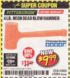 Harbor Freight Coupon 4LB DEAD BLOW HAMMER Lot No. 41800, 69004 Expired: 11/30/19 - $9.99