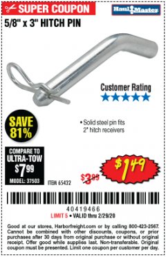 Harbor Freight Coupon 5/8" X 3" HITCH PIN WITH CLIP Lot No. 65432 Expired: 2/29/20 - $1.49