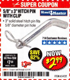 Harbor Freight Coupon 5/8" X 3" HITCH PIN WITH CLIP Lot No. 65432 Expired: 3/31/20 - $2.99