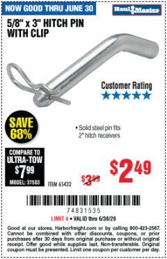 Harbor Freight Coupon 5/8" X 3" HITCH PIN WITH CLIP Lot No. 65432 Expired: 6/30/20 - $2.49