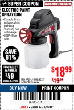 Harbor Freight Coupon ELECTRIC PAINT SPRAY GUN Lot No. 47274/63452/62267/63060/60446 Expired: 9/15/19 - $18.99