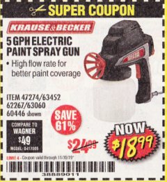 Harbor Freight Coupon ELECTRIC PAINT SPRAY GUN Lot No. 47274/63452/62267/63060/60446 Expired: 11/30/19 - $18.99