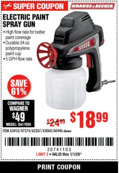Harbor Freight Coupon ELECTRIC PAINT SPRAY GUN Lot No. 47274/63452/62267/63060/60446 Expired: 1/1/20 - $18.99