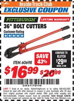 Harbor Freight ITC Coupon 36" BOLT CUTTERS Lot No. 41150/60698 Expired: 6/30/18 - $16.99
