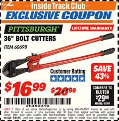 Harbor Freight ITC Coupon 36" BOLT CUTTERS Lot No. 41150/60698 Expired: 8/31/18 - $16.99
