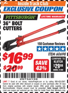 Harbor Freight ITC Coupon 36" BOLT CUTTERS Lot No. 41150/60698 Expired: 3/31/19 - $16.99