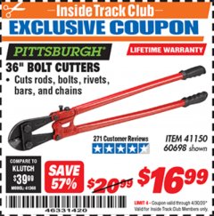 Harbor Freight ITC Coupon 36" BOLT CUTTERS Lot No. 41150/60698 Expired: 4/30/20 - $16.99