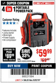 Harbor Freight Coupon 4 IN ONE PORTABLE POWER PACK Lot No. 56631/62453/62374 Expired: 9/22/19 - $59.99