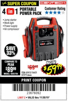 Harbor Freight Coupon 4 IN ONE PORTABLE POWER PACK Lot No. 56631/62453/62374 Expired: 11/30/19 - $59.99
