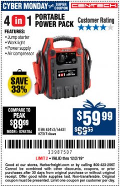 Harbor Freight Coupon 4 IN ONE PORTABLE POWER PACK Lot No. 56631/62453/62374 Expired: 12/2/19 - $59.99