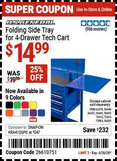 Harbor Freight Coupon U.S. GENERAL FOLDING SIDE TRAY FOR 4-DRAWER TECH CART Lot No. 56437/56439/56440/56441/56442/63470/72414/72415 Valid Thru: 4/26/26 - $14.99